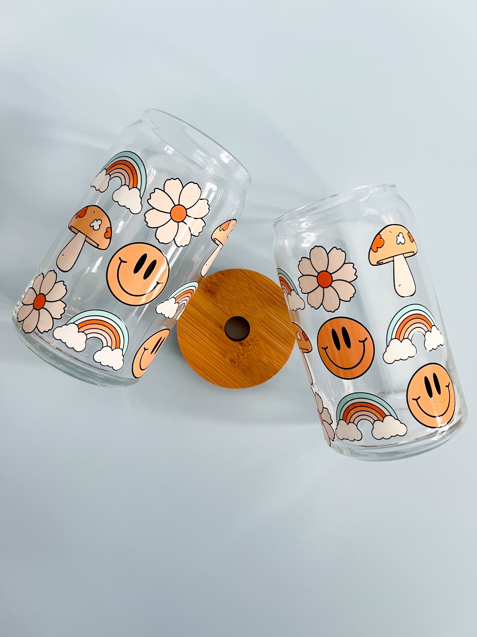 Glass Can, Smiley Face Glass Can, Smiley Face Glass Tumbler, Retro Glass  Cup, Glass Can with Bamboo lid, Glass Straw, Smiley Face Tumbler