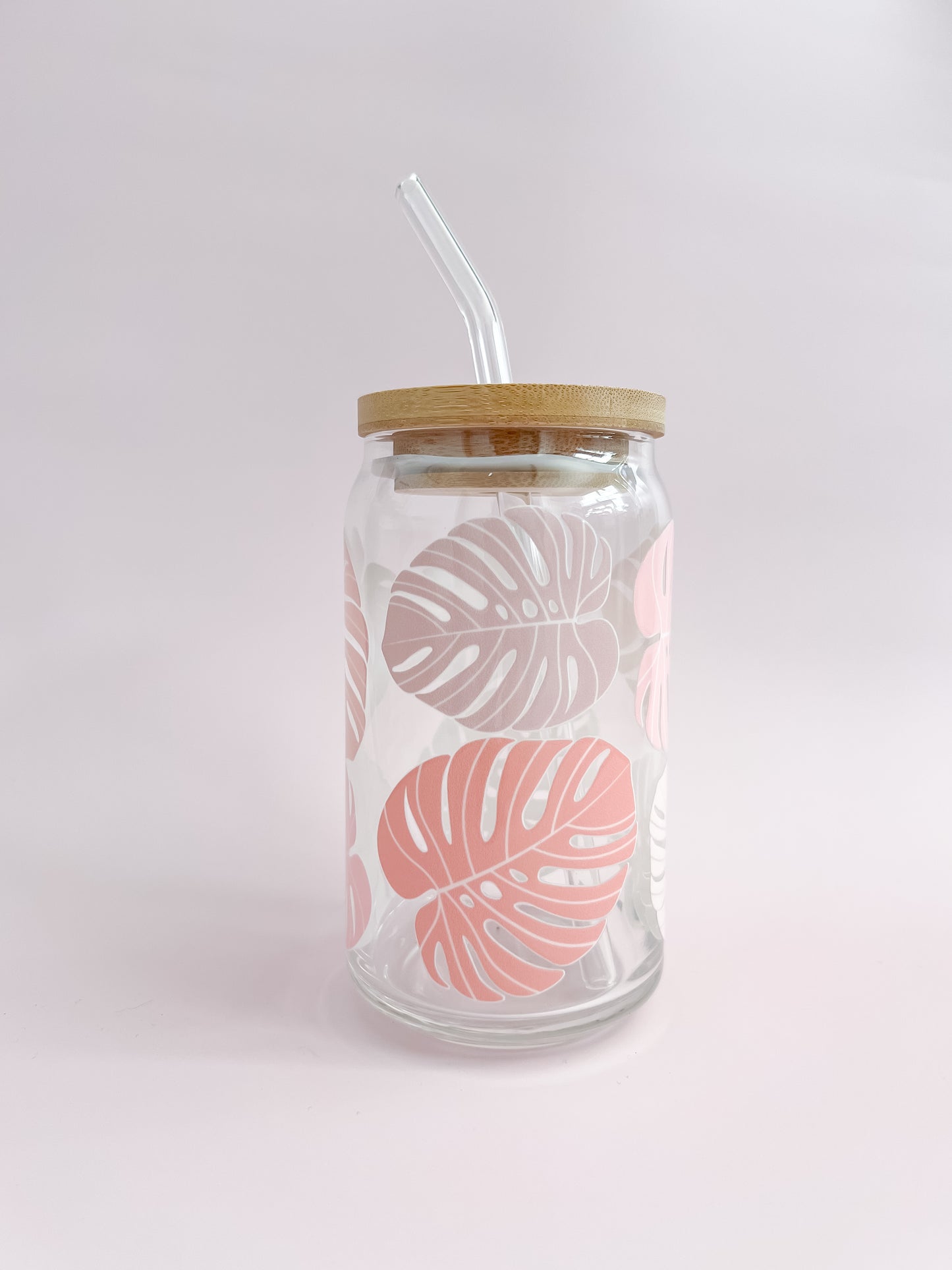 pink monstera 16oz glass cup with glass straw and bamboo lid aesthetically pleasing