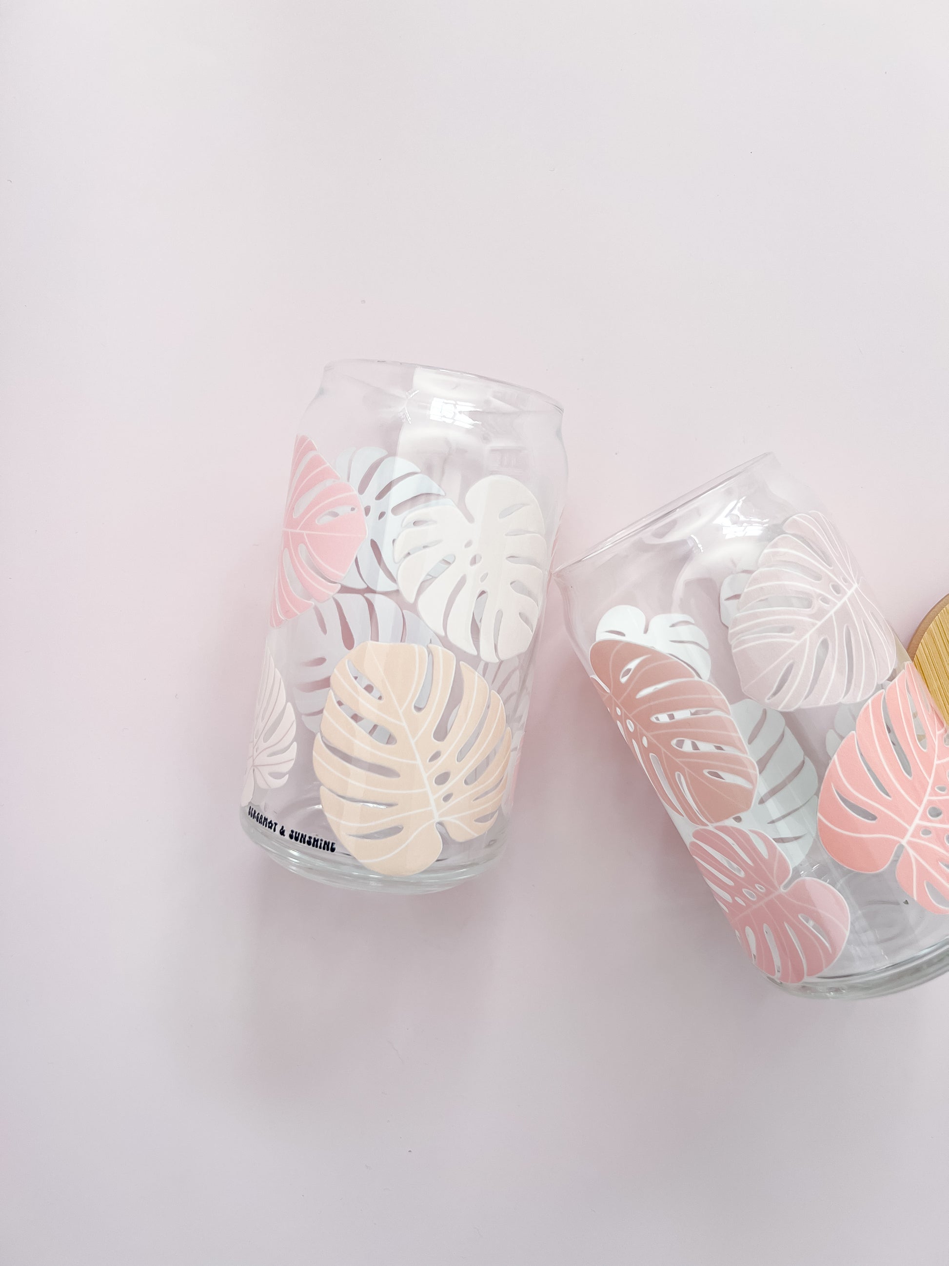 pink monstera 16oz glass cup with glass straw and bamboo lid aesthetically pleasing