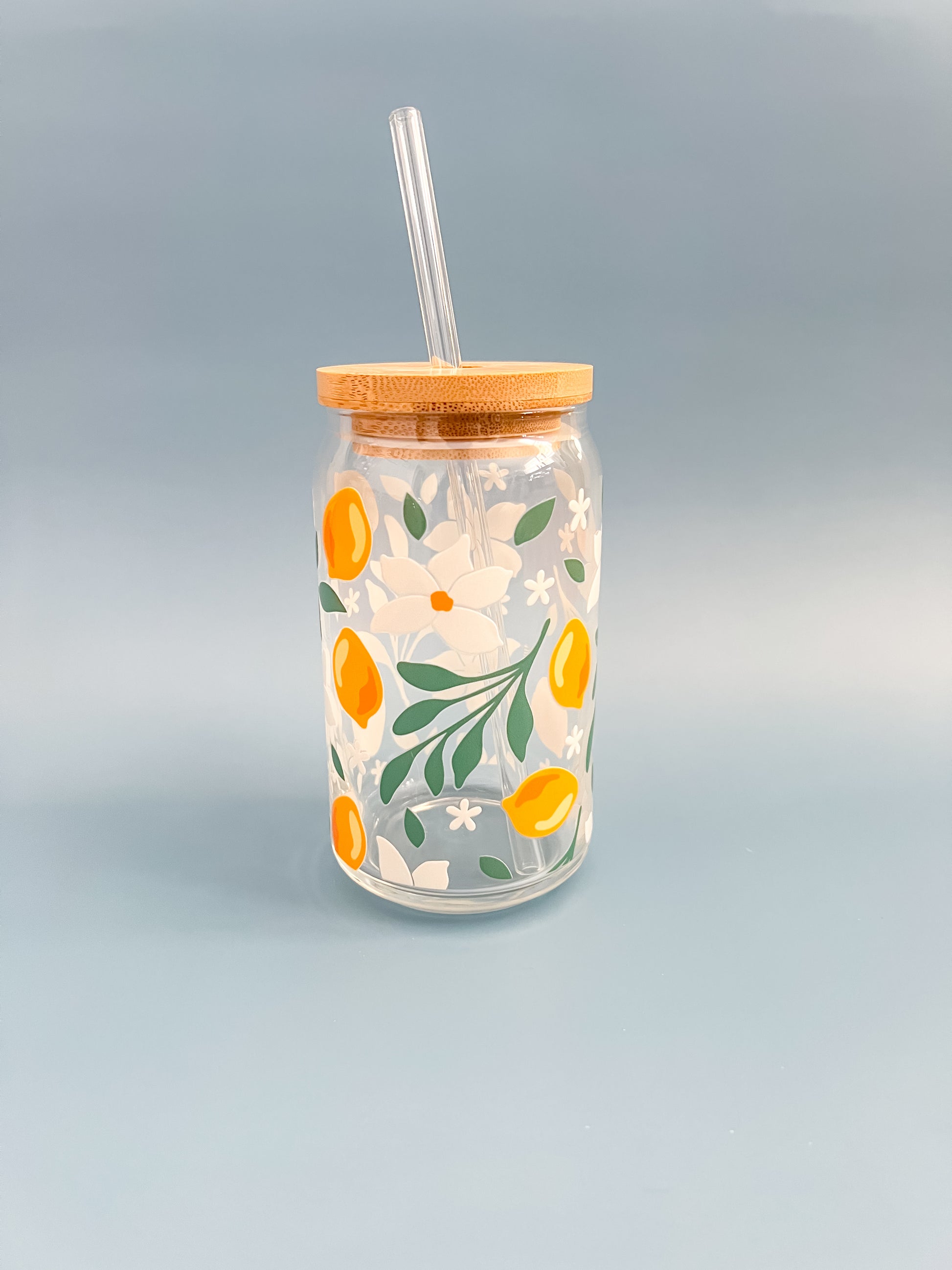 lemons and white flower 16oz glass cup with glass straw and bamboo lid aesthetically pleasing