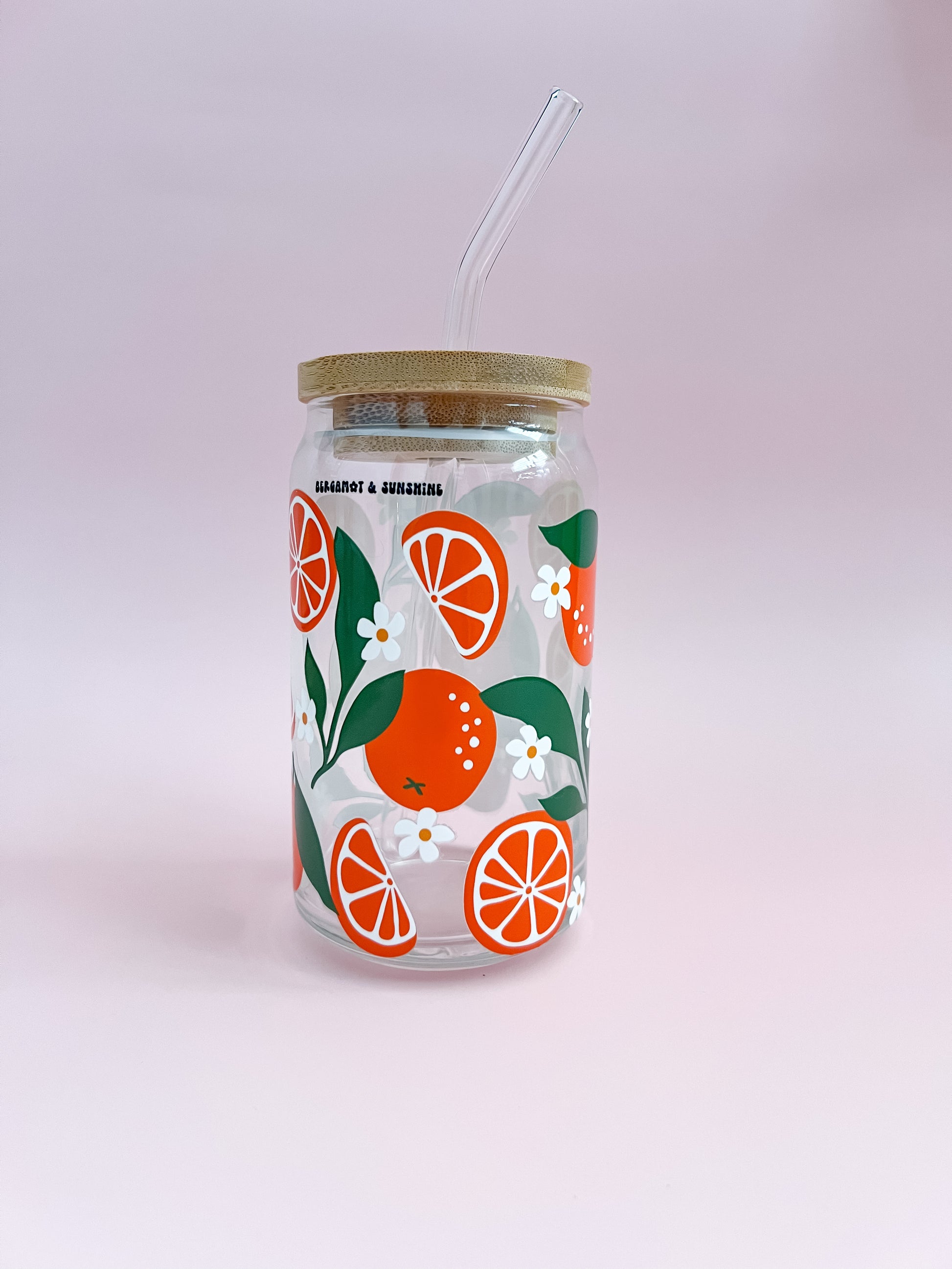 oranges and white flowers 16oz Glass Cup w Lid and Straw aesthetically pleasing