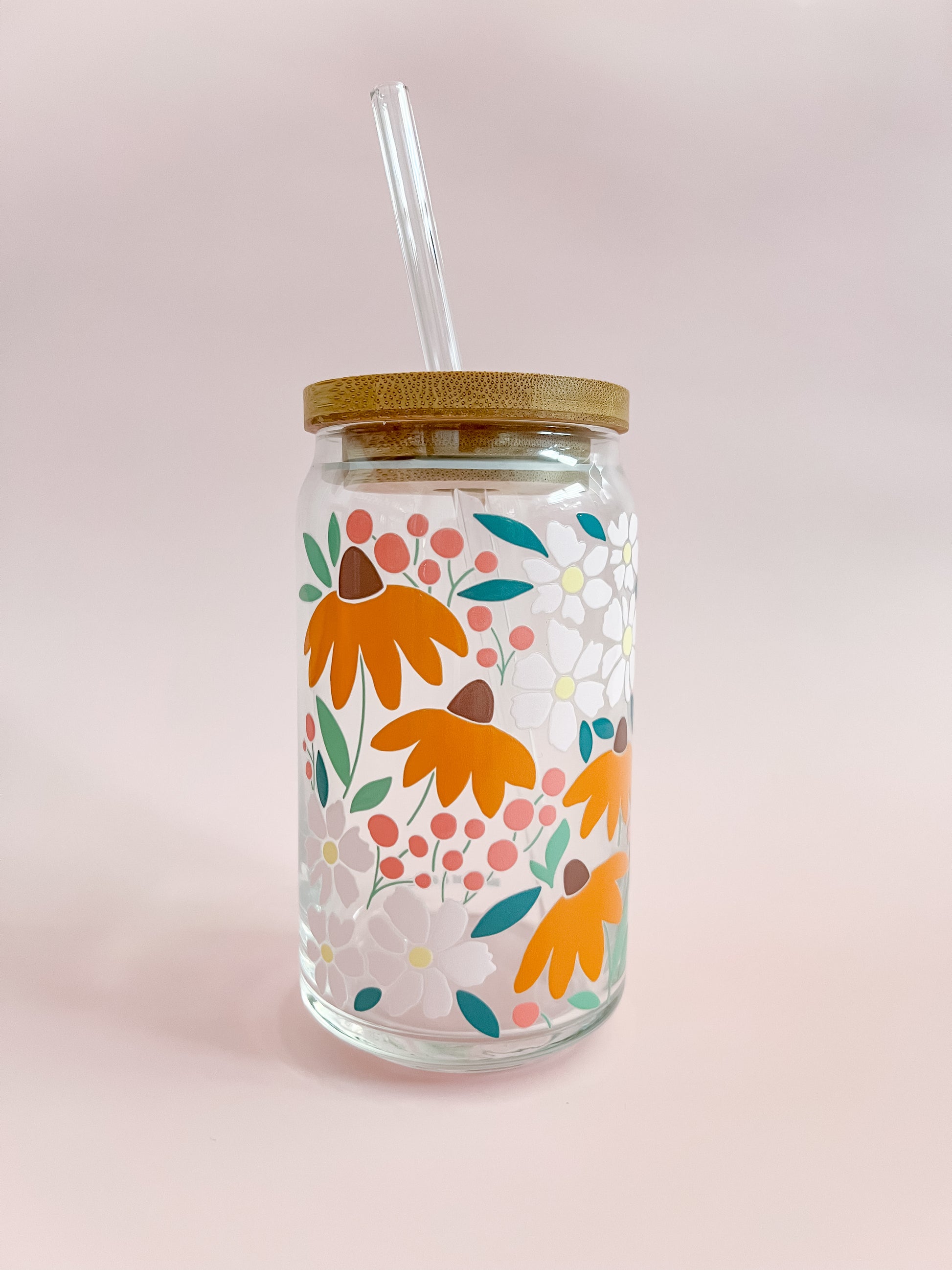 Retro Blue Floral 16 oz Glass Cup with Bamboo Lid