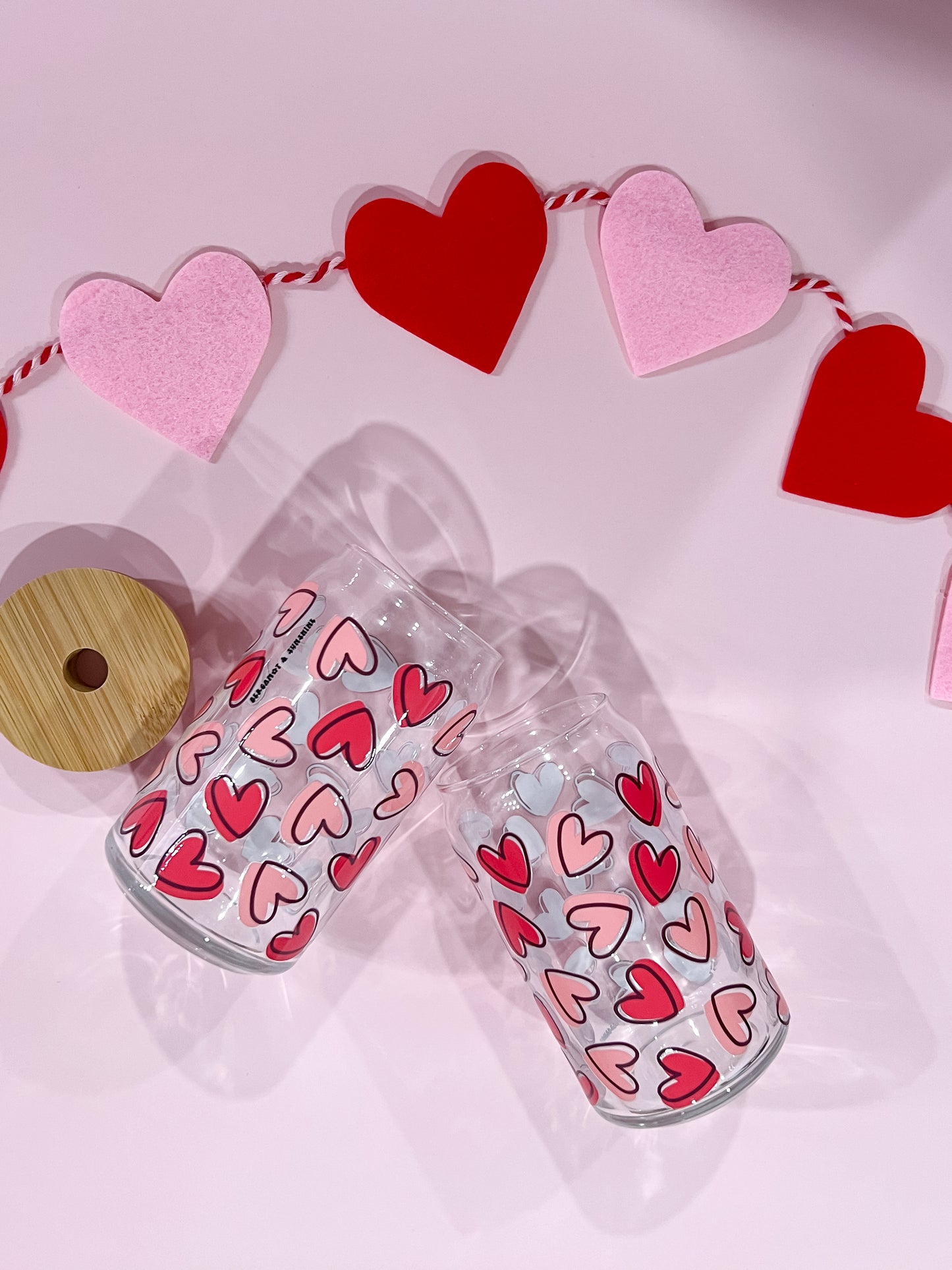 Red and Pink Hearts 16oz Glass Cup