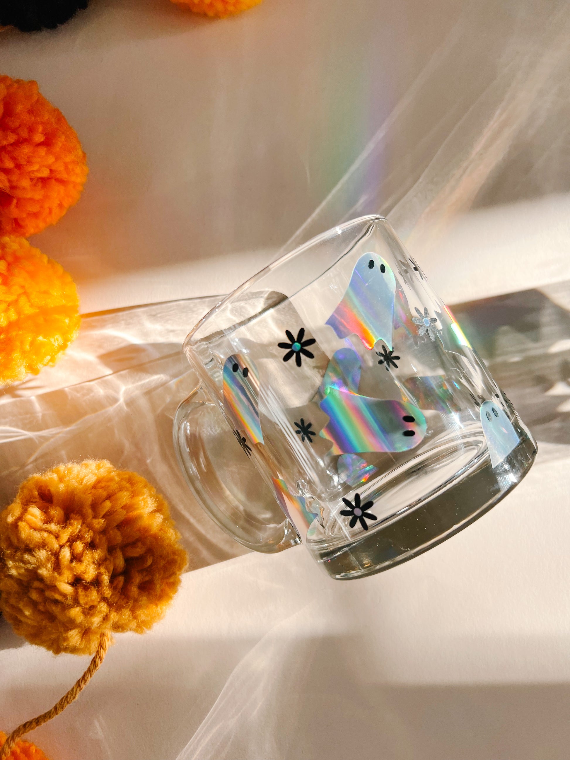 glass coffee mug holographic ghosts and daisies