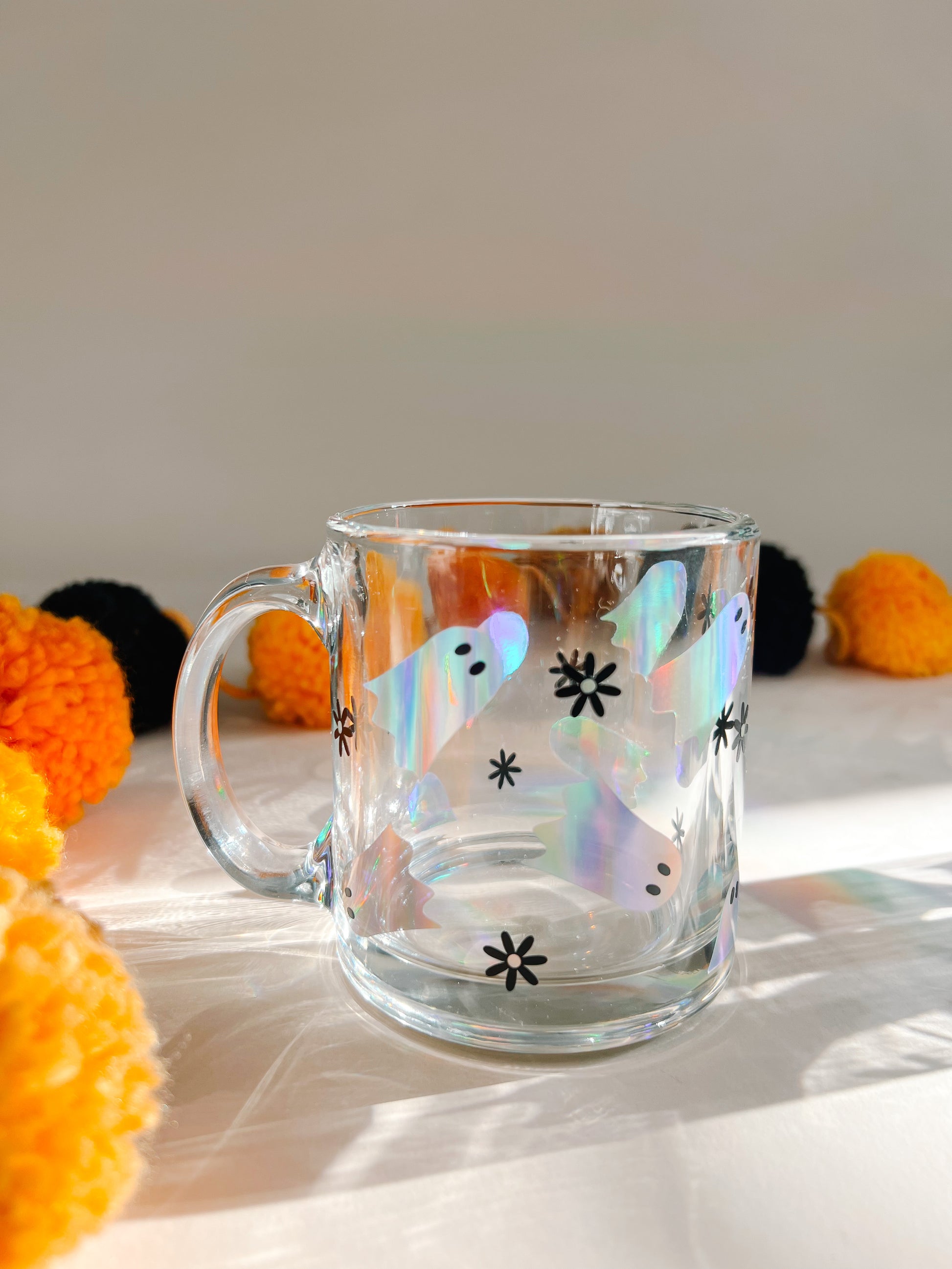 glass cup and coffee mug holographic ghosts and daisies