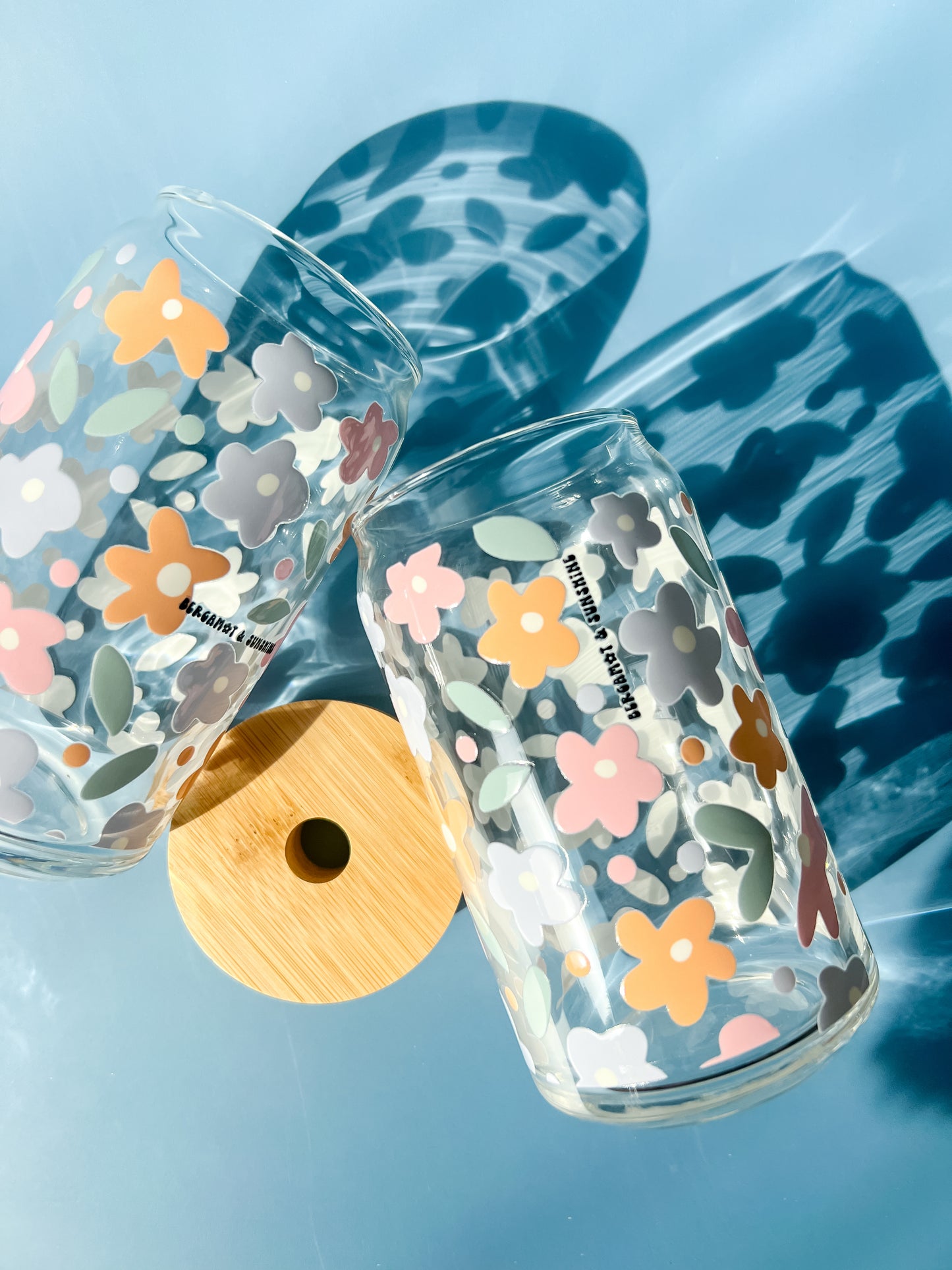 Pastel Flowers and Leaves 16oz Glass Cup