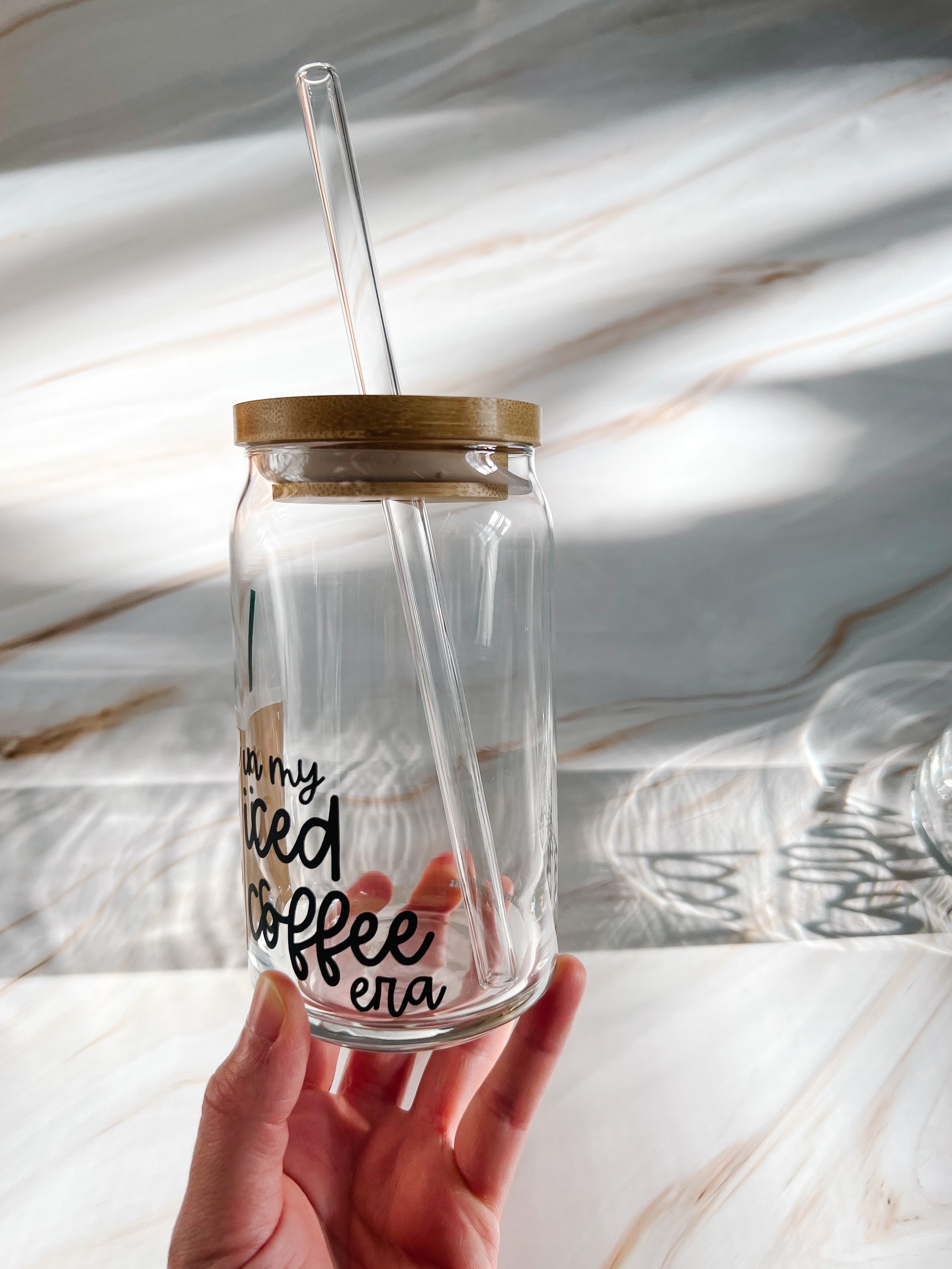 In my Iced Coffee Era 16oz glass cup with bamboo lid and glass straw