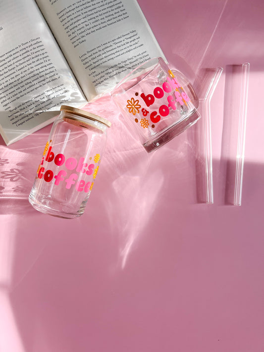 pink books and coffee glass cup and coffee mug design inspired by Emily Henry happy place book