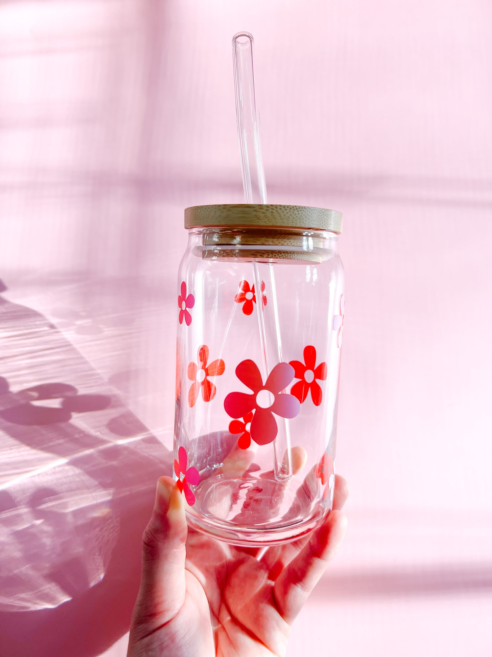 red holographic boho flower cup  glass cup with bamboo lid and glass straw