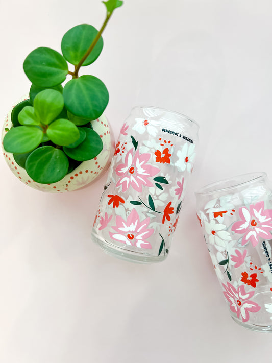 Pink and Red Flowers 16oz Glass Cup