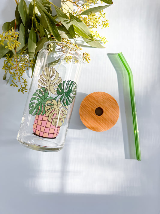 Checkered Monstera 20oz Glass Cup