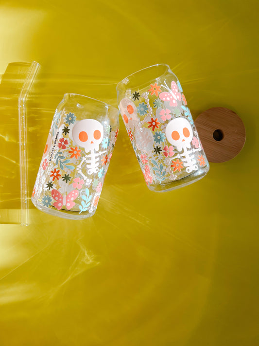 pastel boho Skeletons and Flowers 16oz iced coffee glass
