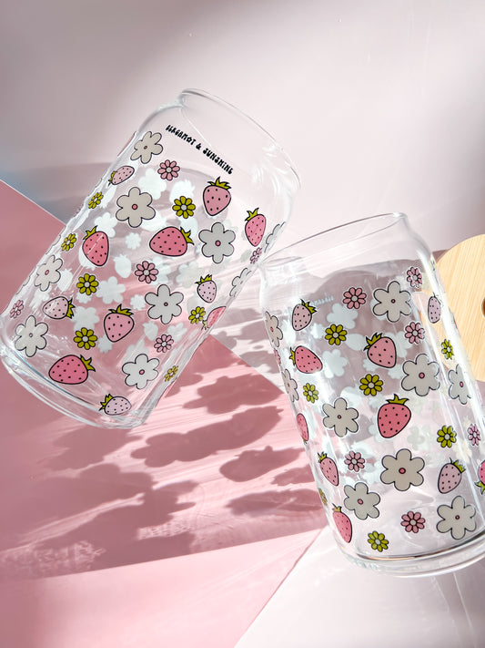 Mini Strawberries and Flowers 16oz Glass Cup