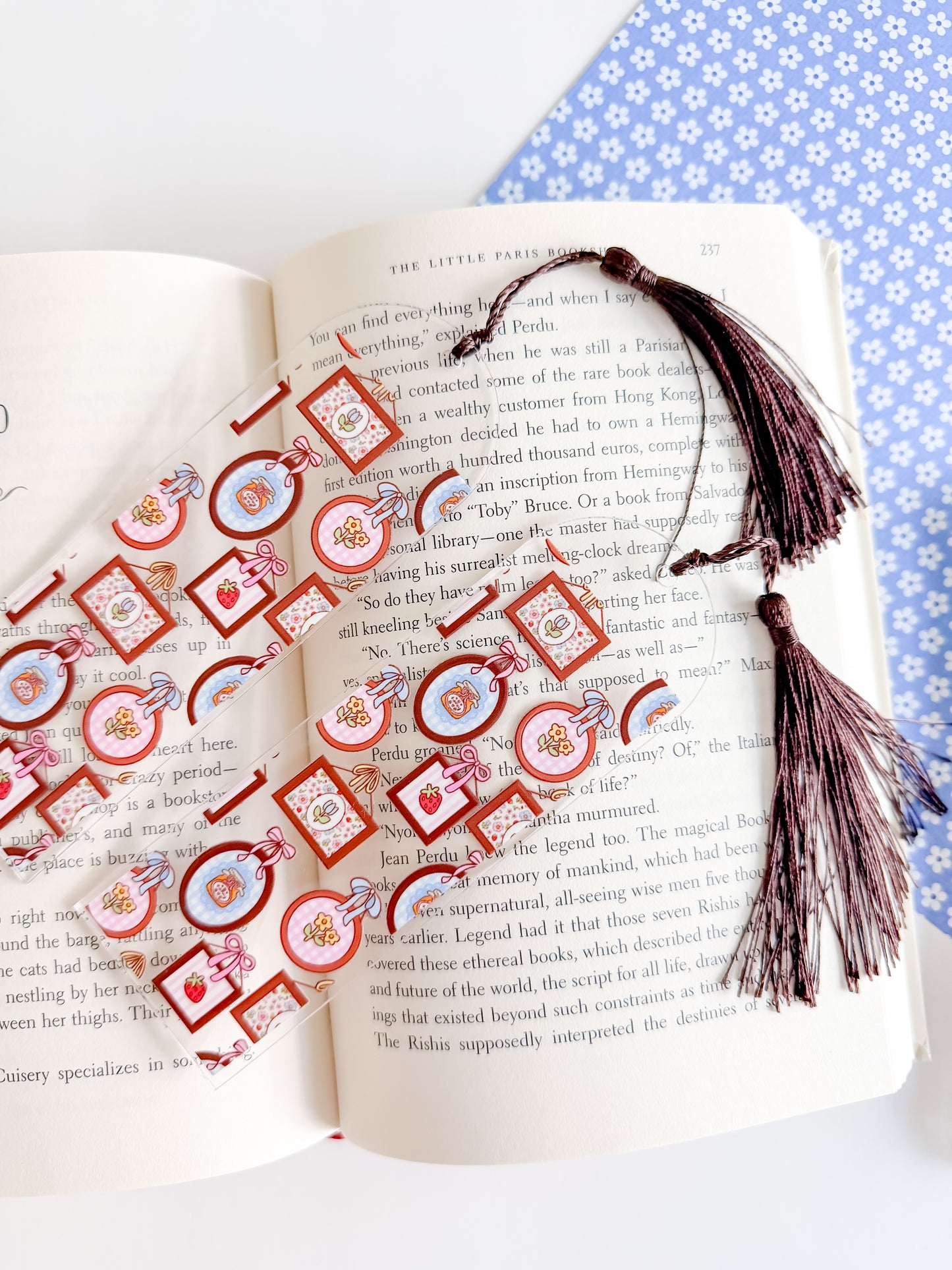 Decorative bookmark with tassel on an open book spring cottage core frames