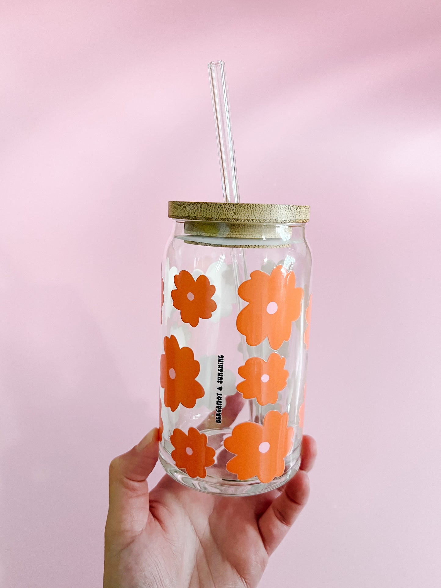 Orange and Pink Retro Flower 16oz Glass Cup w glass straw and bamboo lid