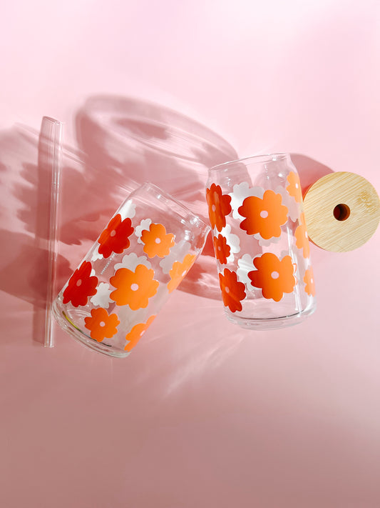 Orange and Pink Retro Flower 16oz Glass Cup w glass straw and bamboo lid