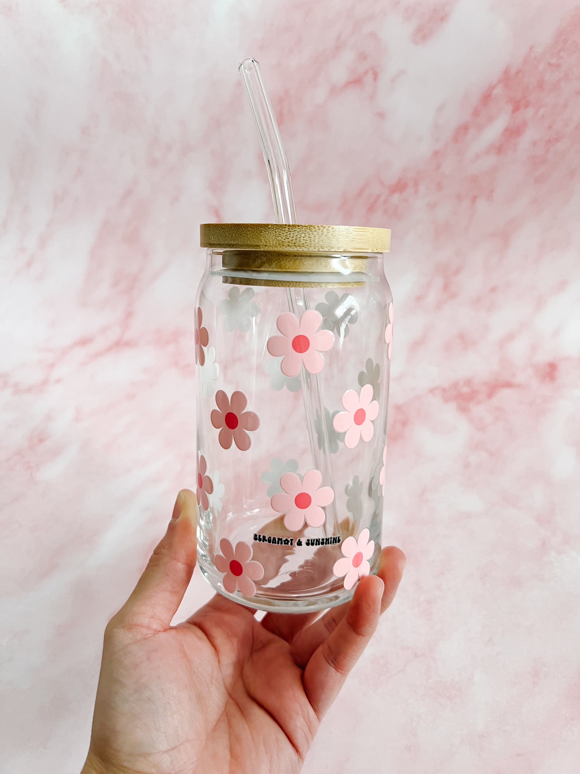 funky boho pink retro daisies glass cup aesthetically pleasing with glass straw and bamboo lid