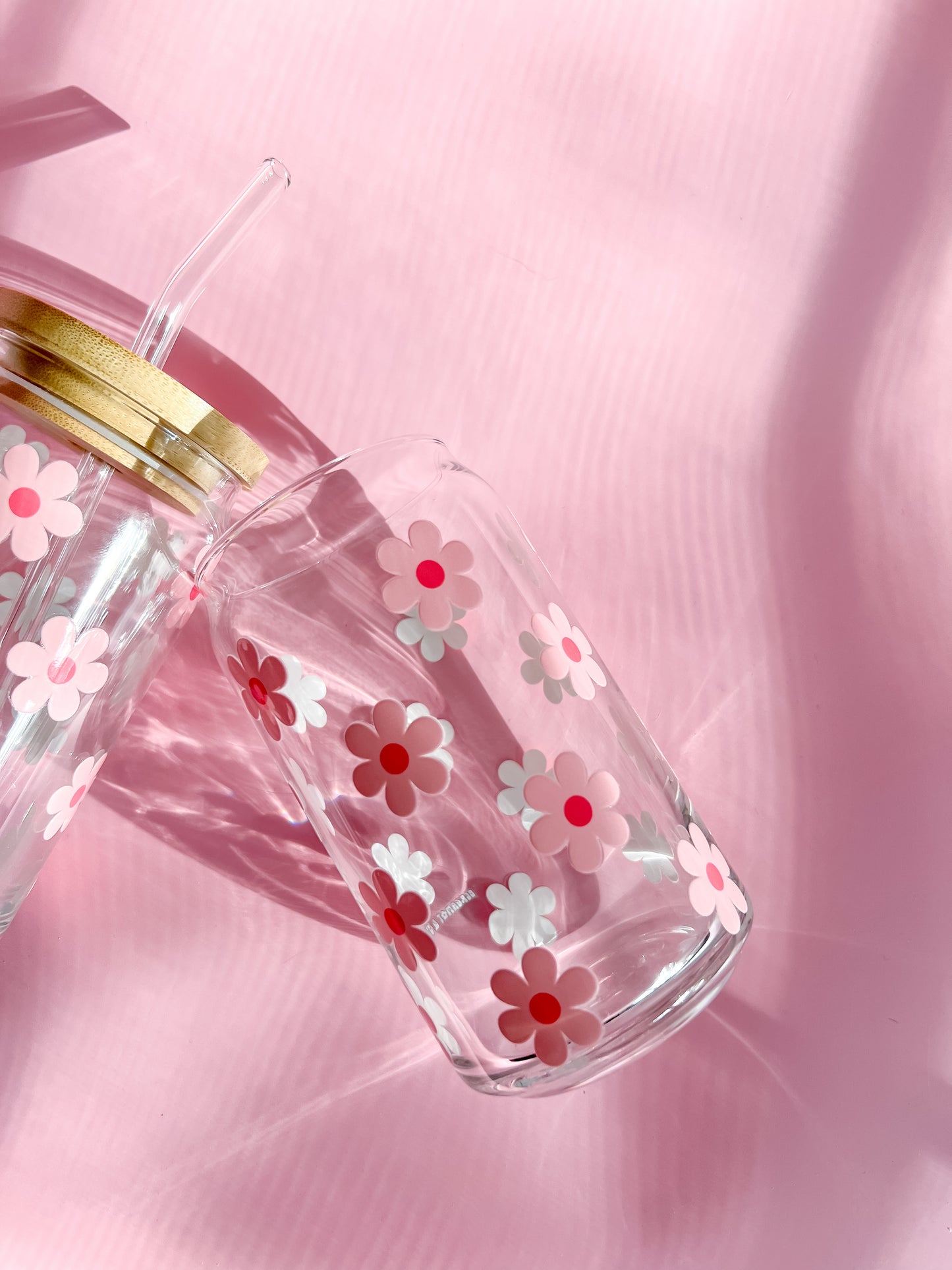 funky boho pink retro daisies glass cup aesthetically pleasing with glass straw and bamboo lid