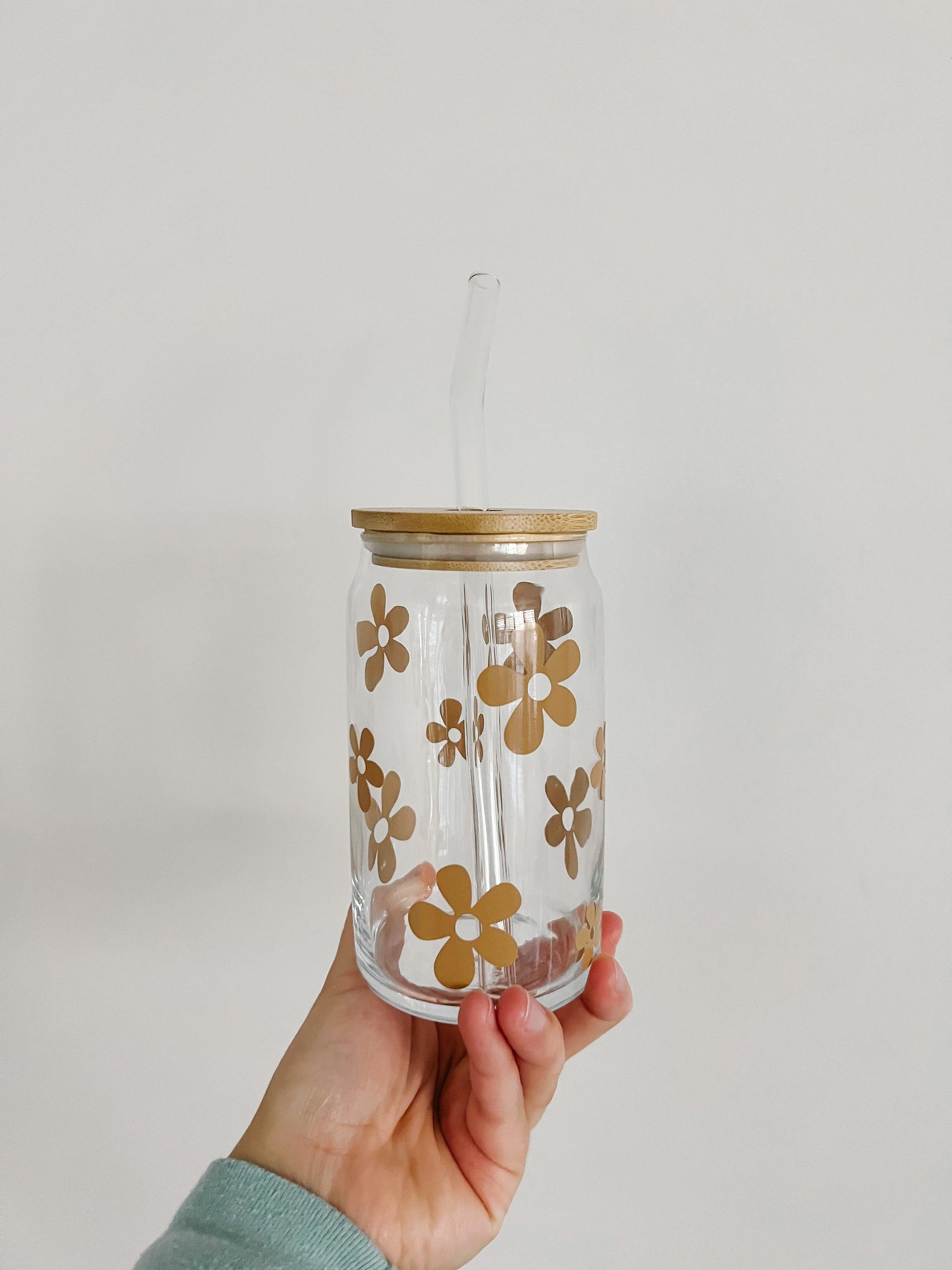 Tan Flower 16oz Glass Cup | Bergamot & Sunshine