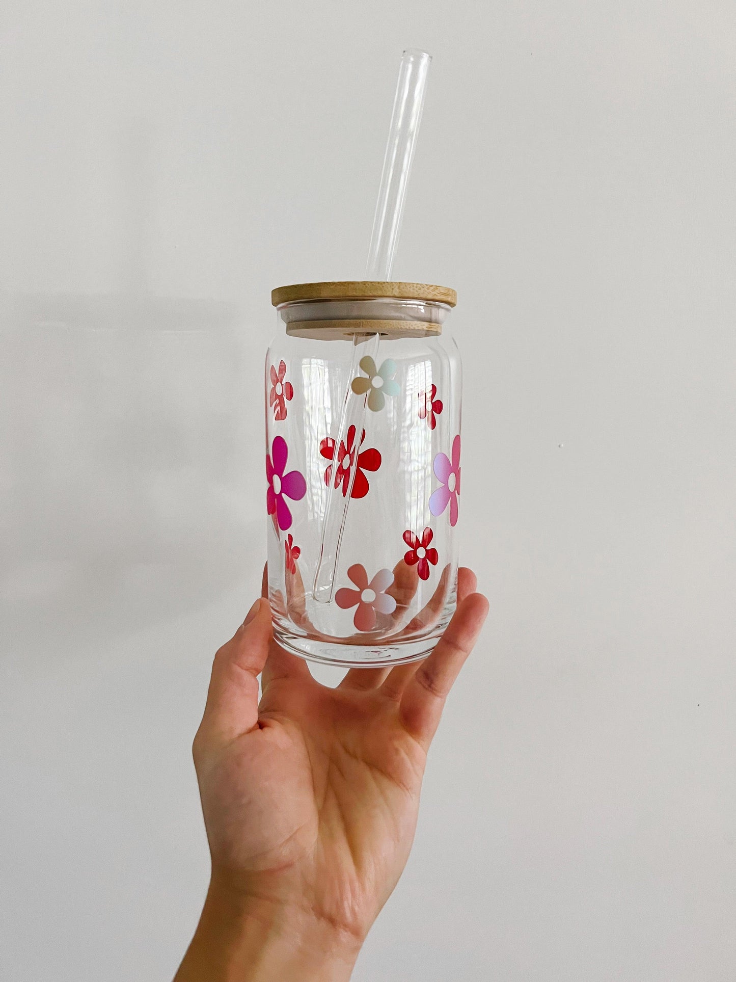 Holographic Daisy Boho Flower 16oz Glass Cup | Bergamot & Sunshine